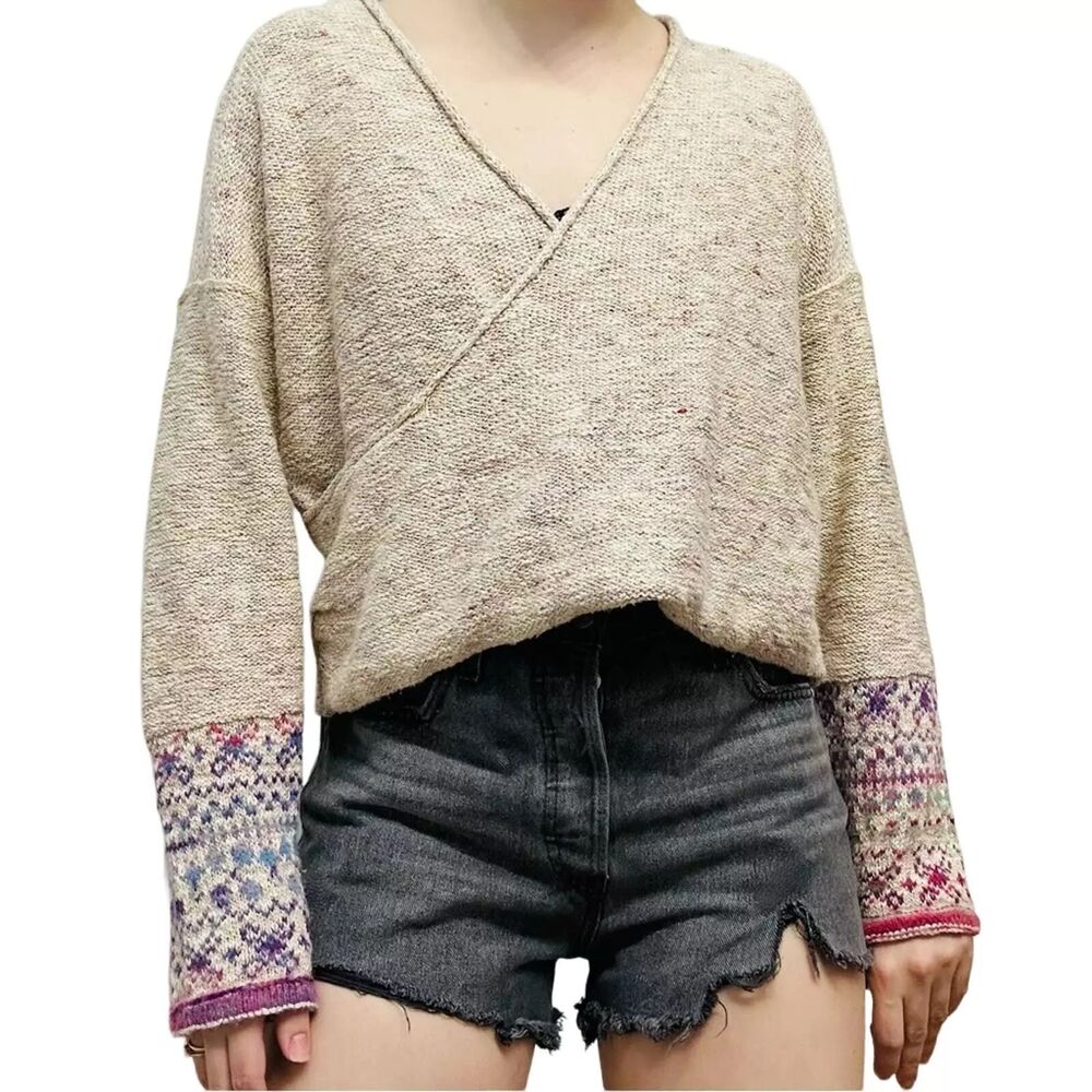 Anthropologie Sweater Pilcro Fair Isle Tan Winter V-Neck Knit Boho Casual XS